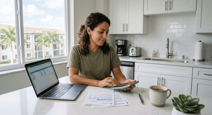 Mujer revisando su presupuesto mensual en la cocina de su casa