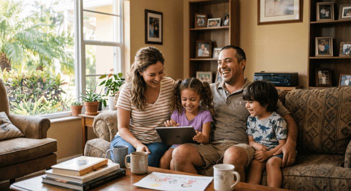 Familia sonriendo junta en la sala de su casa