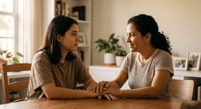 Dos mujeres conversando con calidez y confianza en una mesa