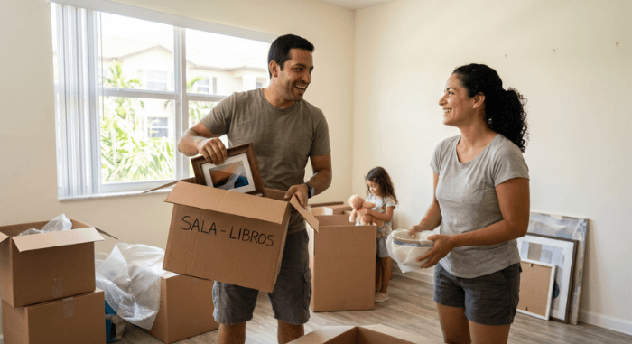 Pareja desempacando cajas en la sala de su nuevo hogar