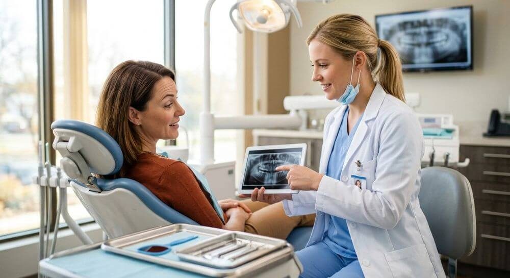 Dentista mostrando una radiografía a una paciente en el consultorio