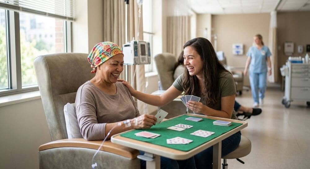 Madre e hija riendo mientras juegan cartas durante una sesión de tratamiento