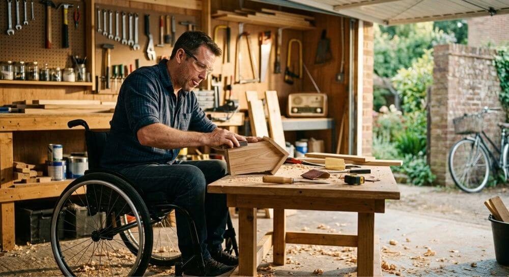 Hombre en silla de ruedas trabajando la madera en su taller