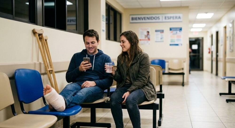 Pareja esperando tranquila en un pasillo de clínica tras un percance menor