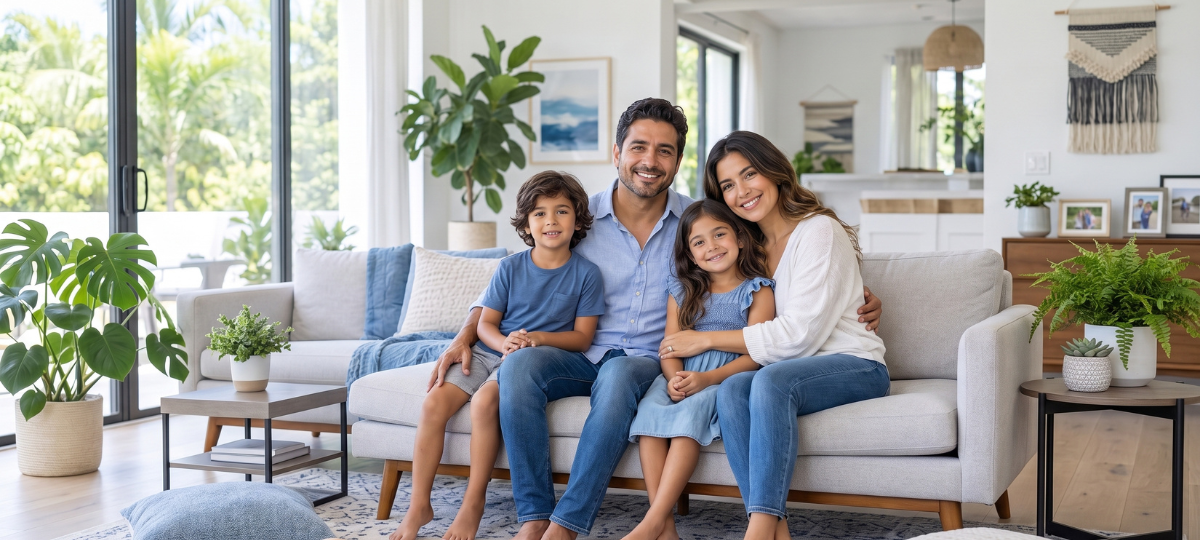 Familia feliz en su hogar de Florida protegida por un seguro de salud y vida con Seguros de Salud y Vida y Lorena Álvarez