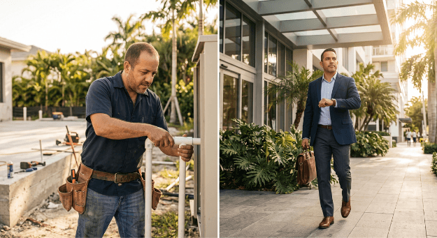 Collage: trabajador de oficio y ejecutivo caminando hacia su empresa