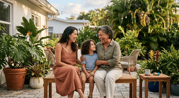 Tres generaciones de una familia riendo juntas en el patio de su casa