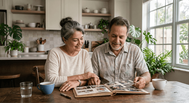 Pareja mayor revisando un álbum de fotos juntos en su cocina
