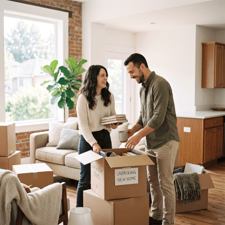 Pareja feliz desempacando cajas en su nuevo hogar