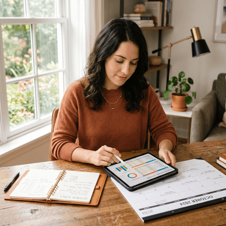 Mujer revisando su presupuesto mensual en una tablet junto a un calendario