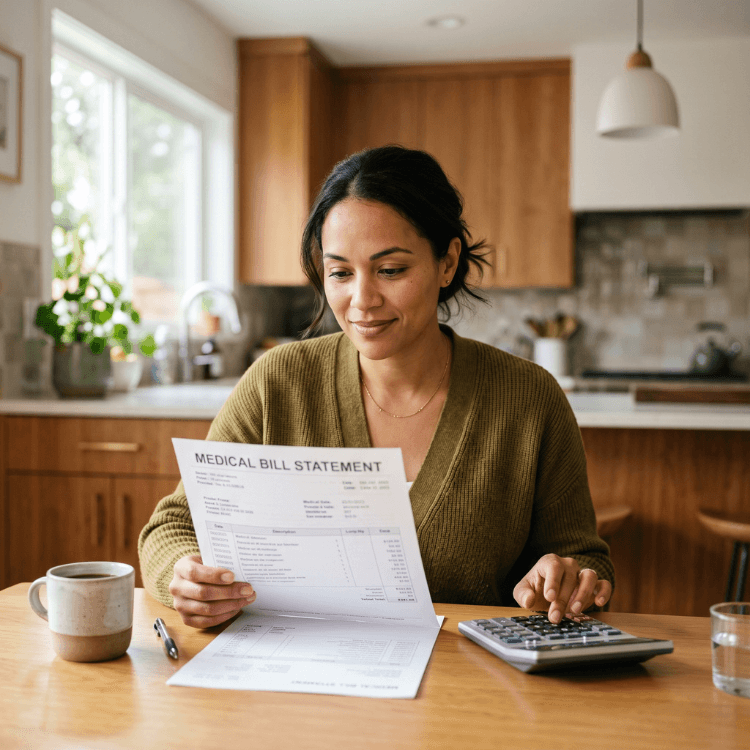 Mujer revisando una factura médica y calculando costos en su cocina