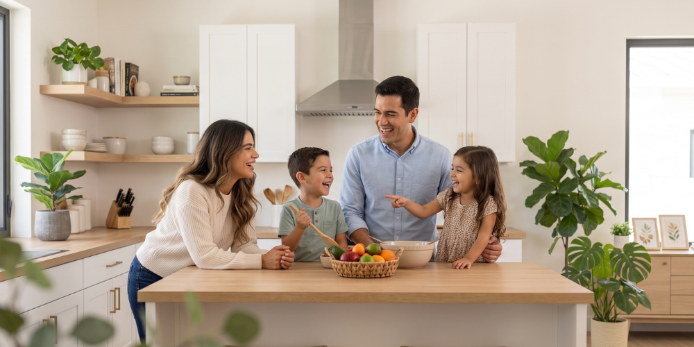 Familia riendo junta en la cocina de su hogar