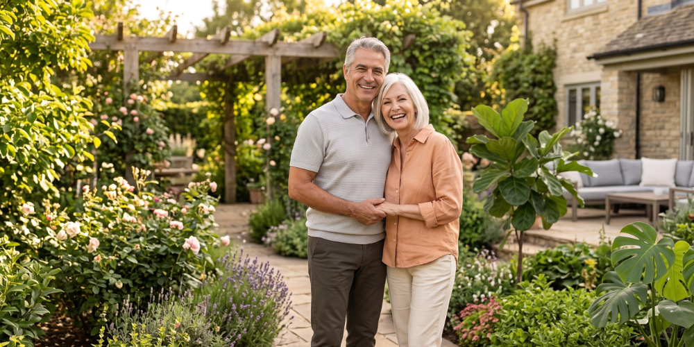 Pareja de adultos mayores activa y feliz en un jardín