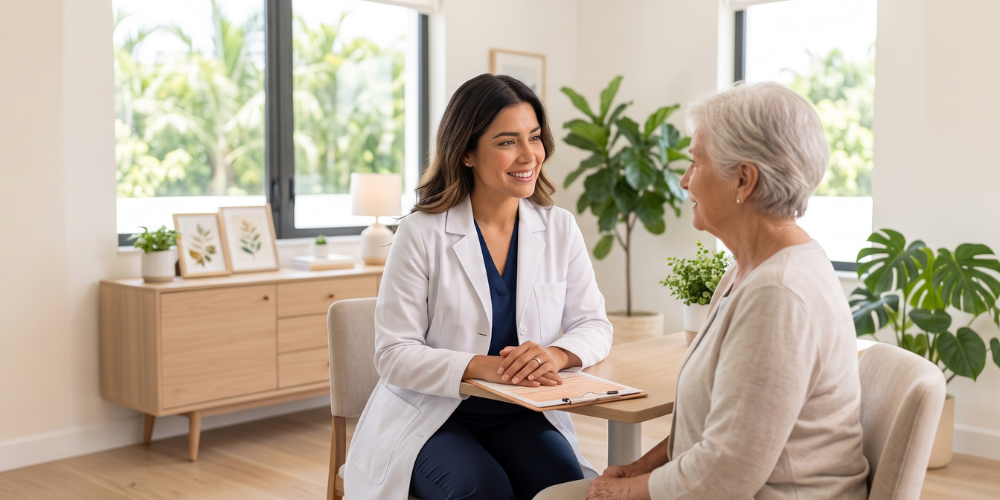 Doctora sonriente conversando con una paciente en una consulta médica
