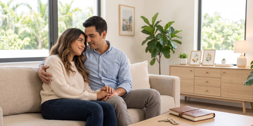 Pareja abrazada en su hogar representando protección y seguridad para el futuro